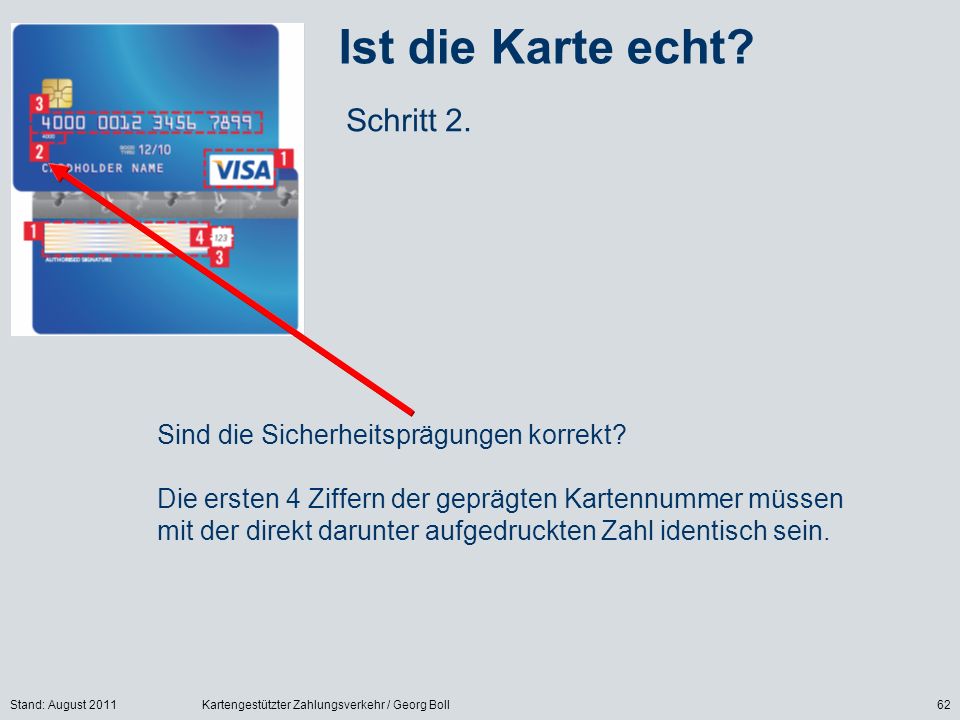 Ist die Karte echt Schritt 2. Sind die Sicherheitsprägungen korrekt