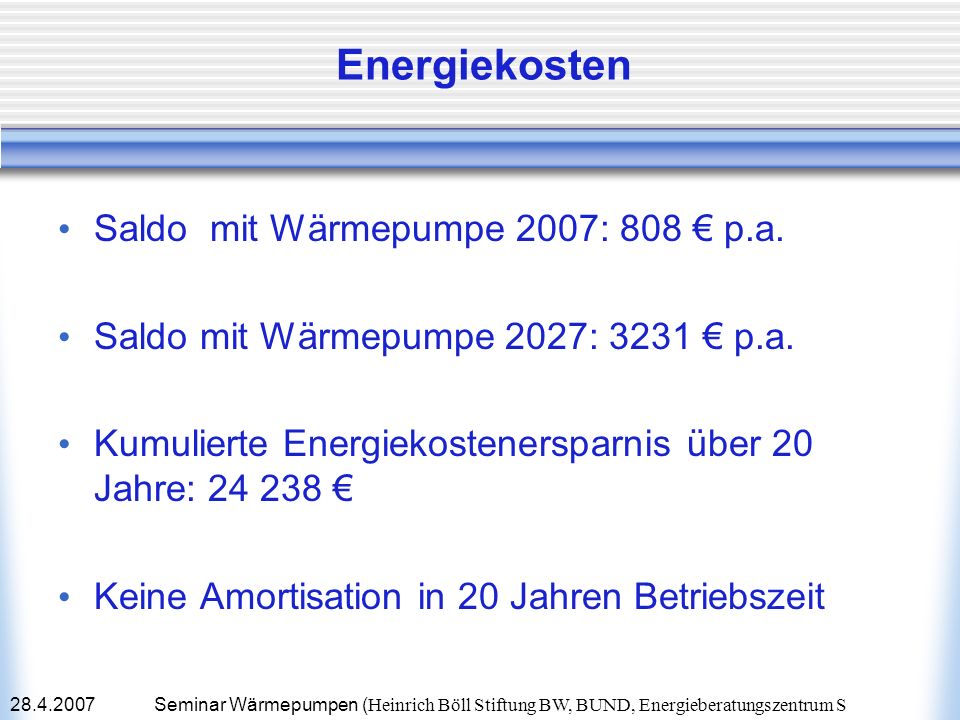 Energiekosten Saldo mit Wärmepumpe 2007: 808 € p.a.