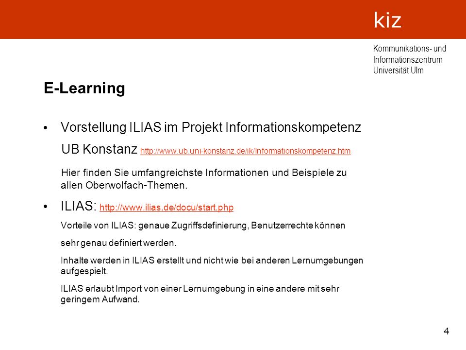 E-Learning Vorstellung ILIAS im Projekt Informationskompetenz