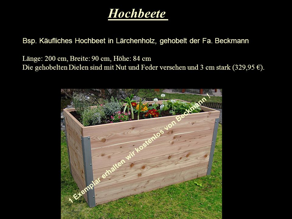 Hochbeete Bsp. Käufliches Hochbeet in Lärchenholz, gehobelt der Fa. Beckmann.
