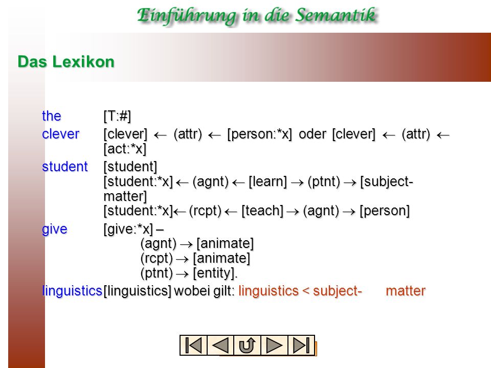 Das Lexikon the [T:#] clever [clever]  (attr)  [person:*x] oder [clever]  (attr)  [act:*x]