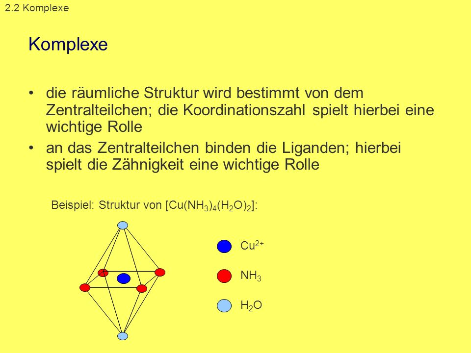 2.2 Komplexe Komplexe. die räumliche Struktur wird bestimmt von dem Zentralteilchen; die Koordinationszahl spielt hierbei eine wichtige Rolle.