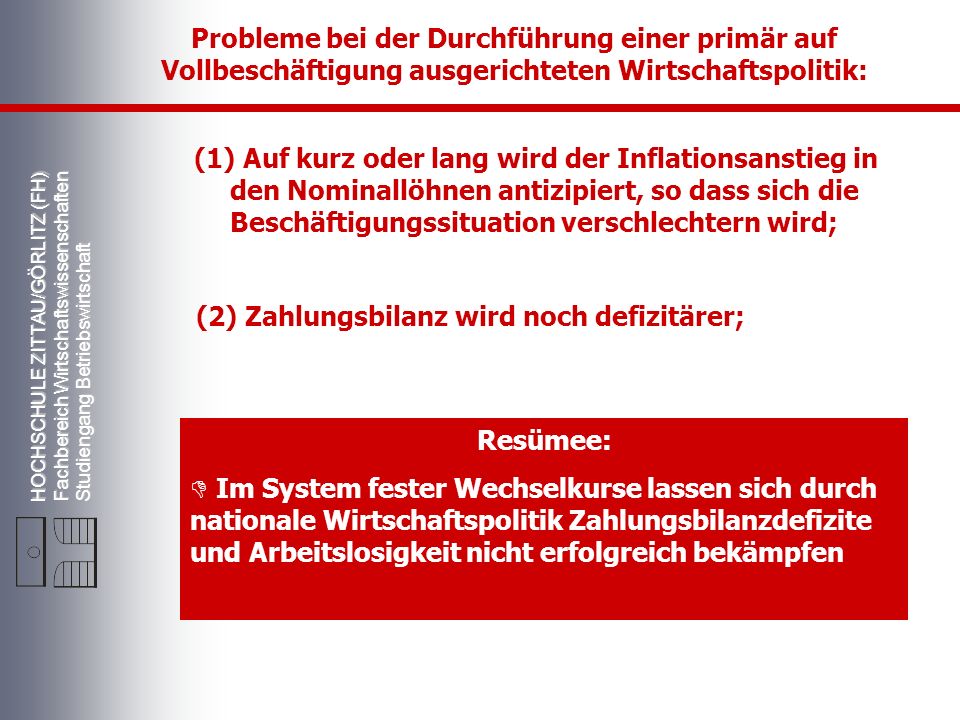 Probleme bei der Durchführung einer primär auf Vollbeschäftigung ausgerichteten Wirtschaftspolitik: