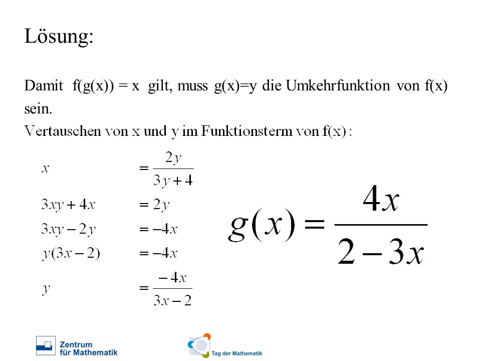 Lösung: Damit f(g(x)) = x gilt, muss g(x)=y die Umkehrfunktion von f(x) sein.
