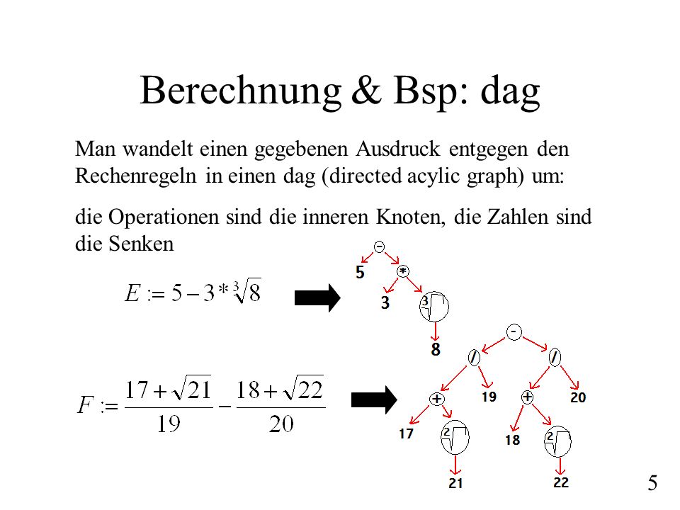 Berechnung & Bsp: dag Man wandelt einen gegebenen Ausdruck entgegen den Rechenregeln in einen dag (directed acylic graph) um:
