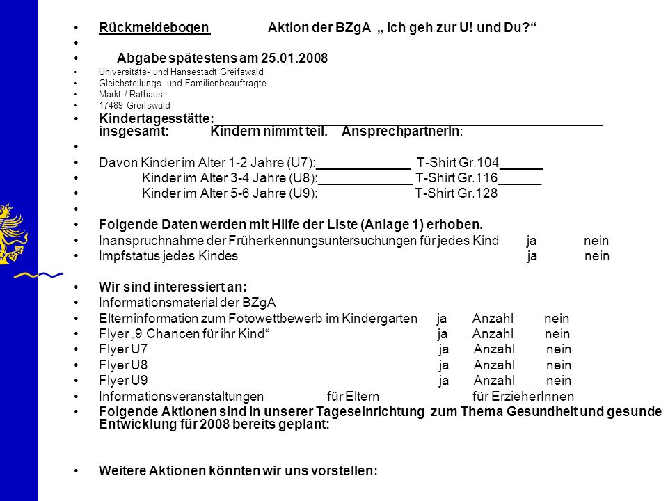 Rückmeldebogen Aktion der BZgA „ Ich geh zur U! und Du