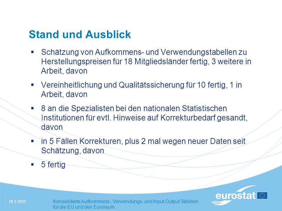 Stand und Ausblick Schätzung von Aufkommens- und Verwendungstabellen zu Herstellungspreisen für 18 Mitgliedsländer fertig, 3 weitere in Arbeit, davon.
