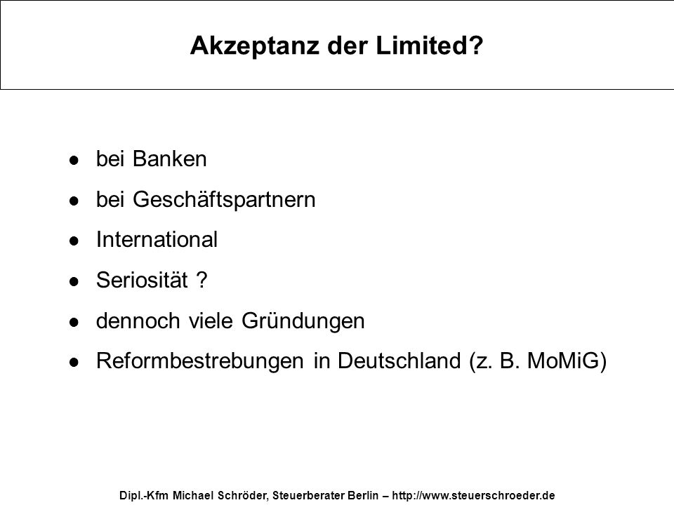 Akzeptanz der Limited bei Banken bei Geschäftspartnern International