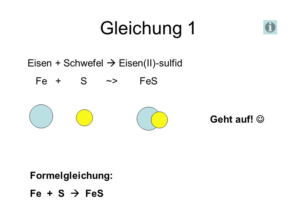 Gleichung 1 Eisen + Schwefel  Eisen(II)-sulfid Fe + S ~> FeS
