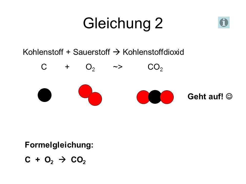 Gleichung 2 Kohlenstoff + Sauerstoff  Kohlenstoffdioxid