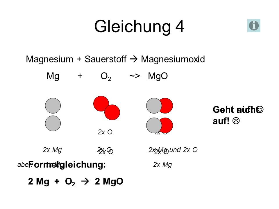Gleichung 4 Magnesium + Sauerstoff  Magnesiumoxid Mg + O2 ~> MgO
