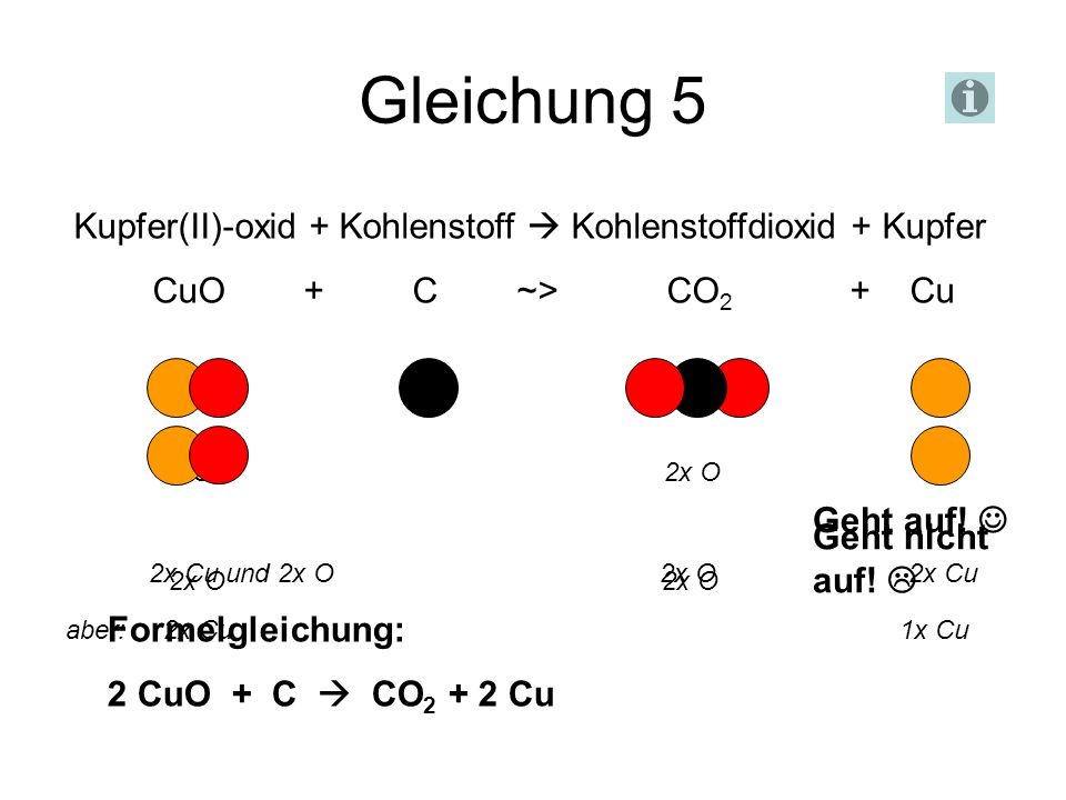 Gleichung 5 Kupfer(II)-oxid + Kohlenstoff  Kohlenstoffdioxid + Kupfer