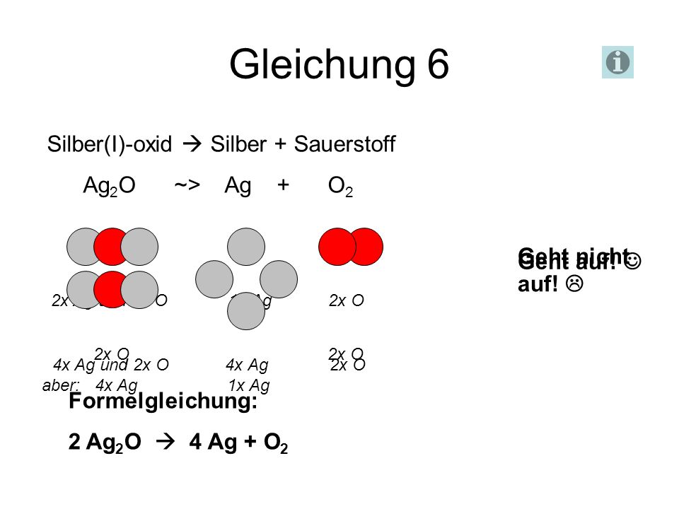 Gleichung 6 Silber(I)-oxid  Silber + Sauerstoff Ag2O ~> Ag + O2