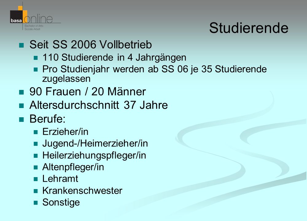 Studierende Seit SS 2006 Vollbetrieb 90 Frauen / 20 Männer