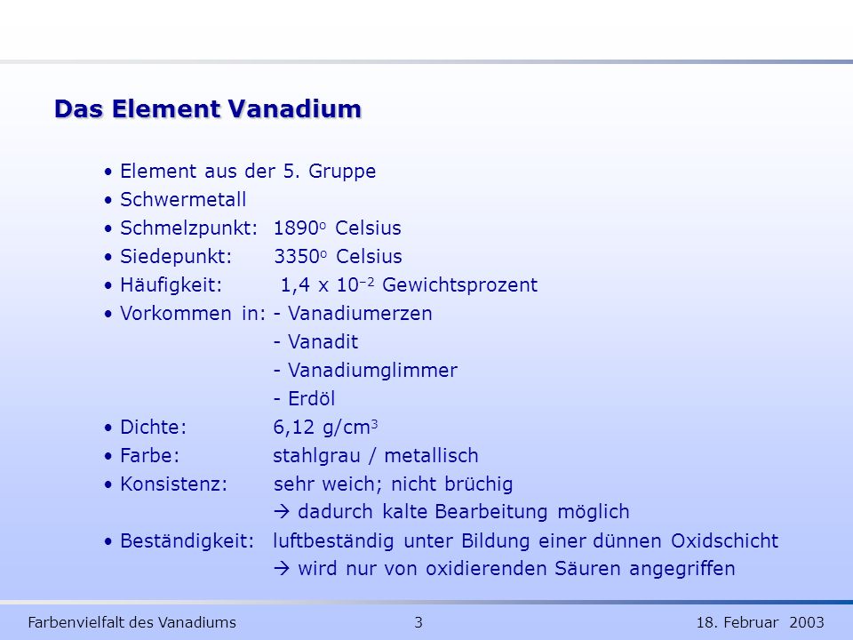 Das Element Vanadium Element aus der 5. Gruppe Schwermetall
