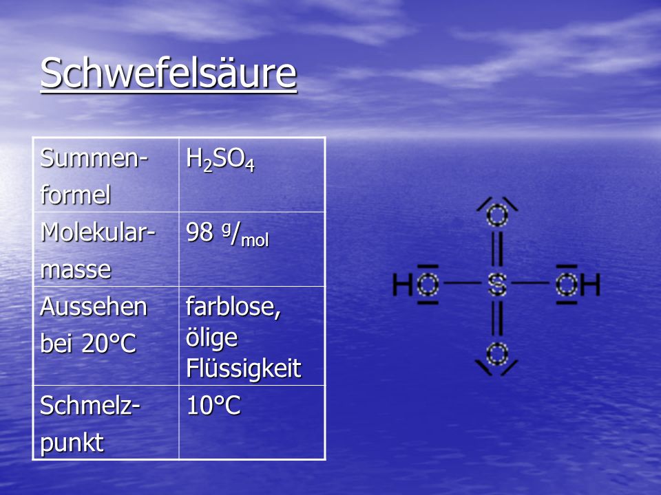 Schwefelsäure Summen- formel H2SO4 Molekular- masse 98 g/mol Aussehen