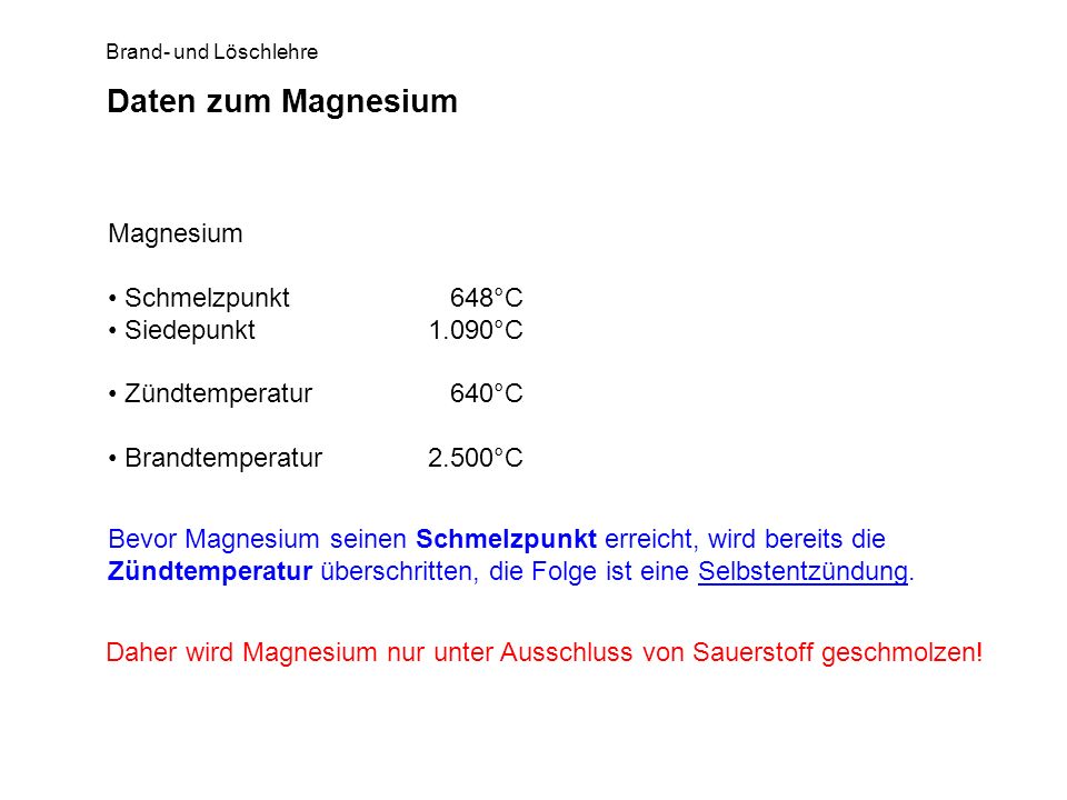 Daten zum Magnesium Magnesium Schmelzpunkt 648°C Siedepunkt 1.090°C