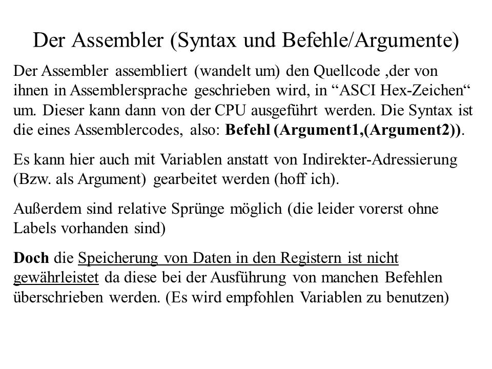 Der Assembler (Syntax und Befehle/Argumente)