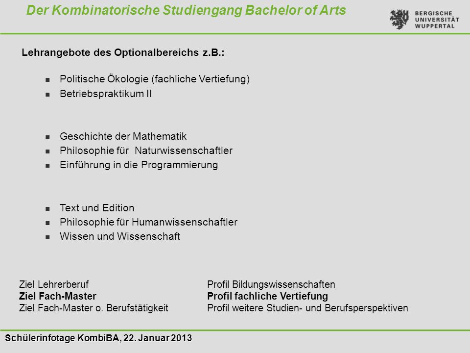 Der Kombinatorische Studiengang Bachelor of Arts