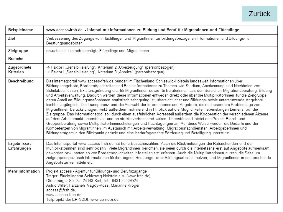 Zurück Beispielname.   - Infotool mit Informationen zu Bildung und Beruf für MigrantInnen und Flüchtlinge.