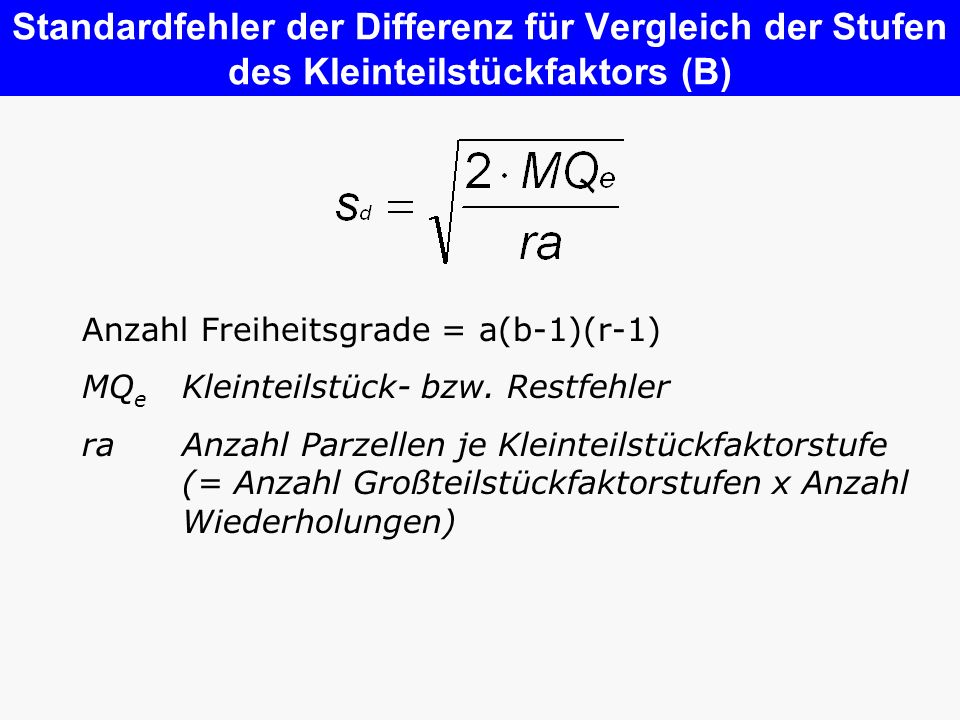 Standardfehler der Differenz für Vergleich der Stufen des Kleinteilstückfaktors (B)