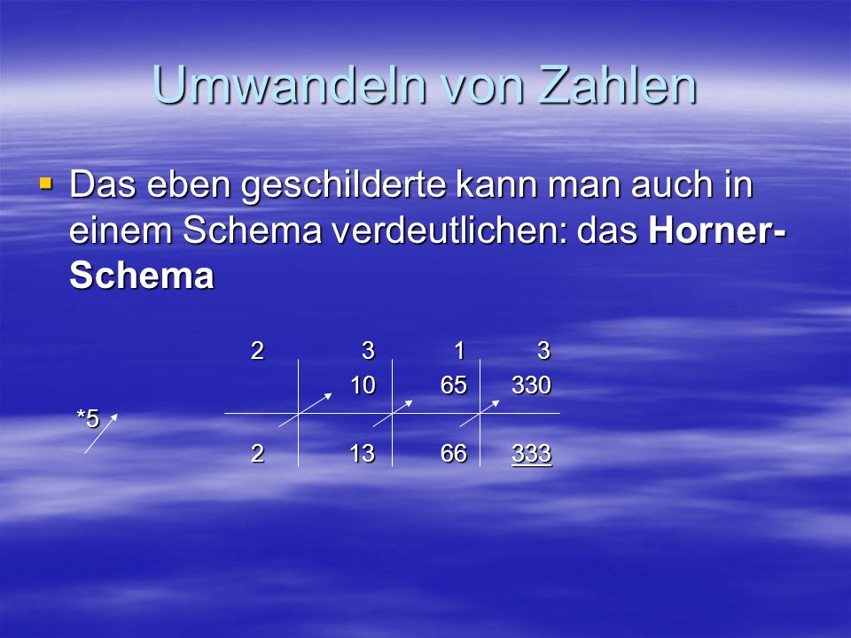 Umwandeln von Zahlen Das eben geschilderte kann man auch in einem Schema verdeutlichen: das Horner-Schema.