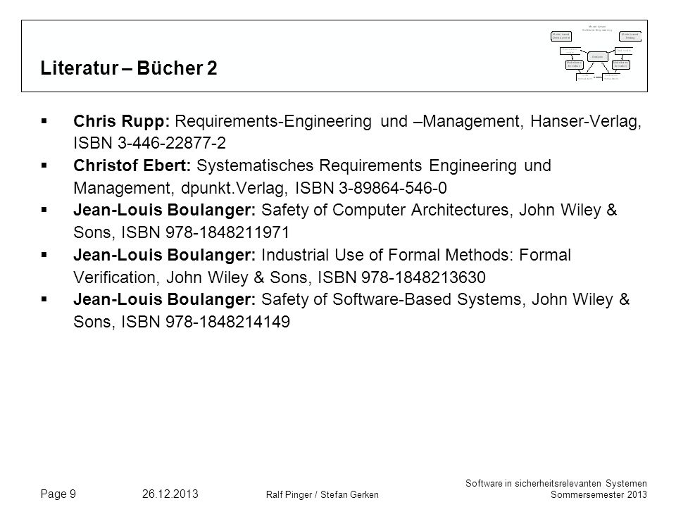 Literatur – Bücher 2 Chris Rupp: Requirements-Engineering und –Management, Hanser-Verlag, ISBN