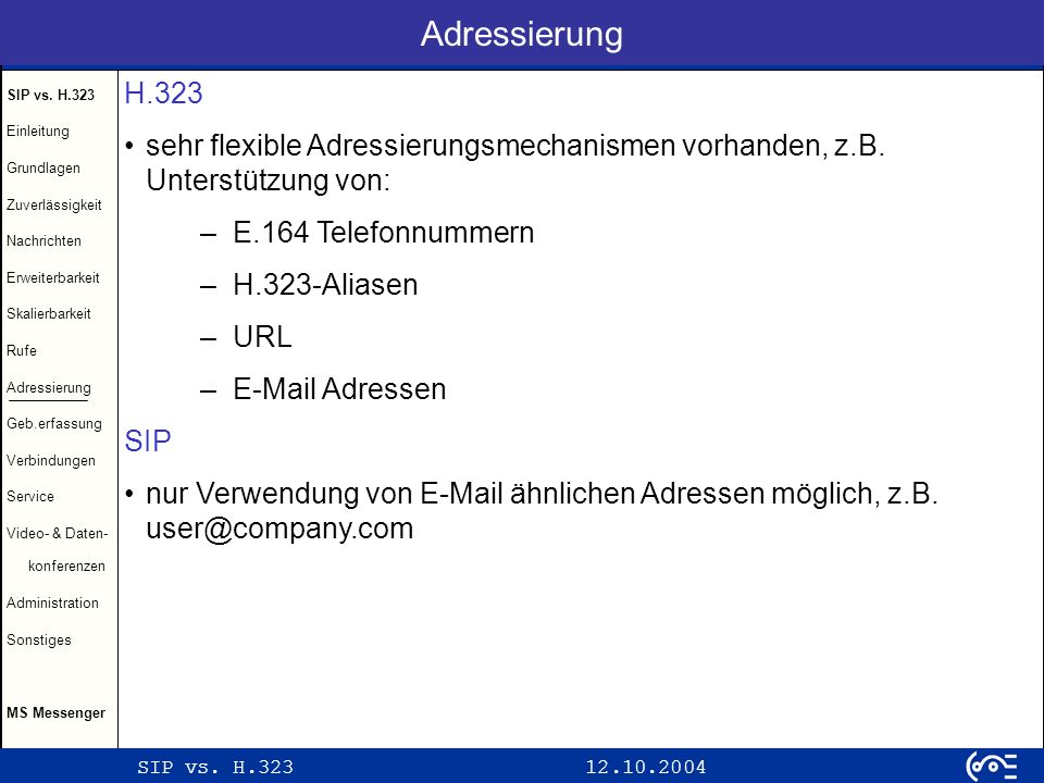 Adressierung H.323. sehr flexible Adressierungsmechanismen vorhanden, z.B. Unterstützung von: E.164 Telefonnummern.