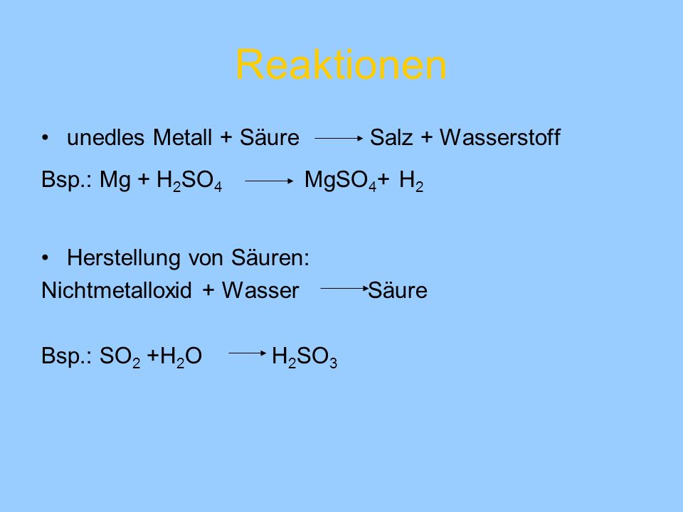 Reaktionen unedles Metall + Säure Salz + Wasserstoff