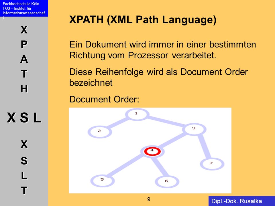 XPATH (XML Path Language) Ein Dokument wird immer in einer bestimmten Richtung vom Prozessor verarbeitet.