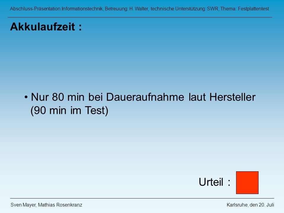 Nur 80 min bei Daueraufnahme laut Hersteller (90 min im Test)