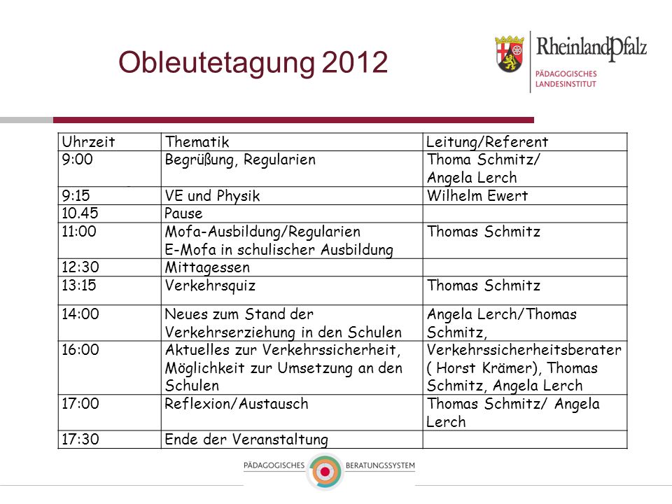 Obleutetagung 2012 Uhrzeit Thematik Leitung/Referent 9:00