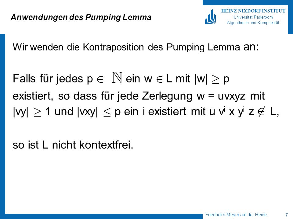 Anwendungen des Pumping Lemma
