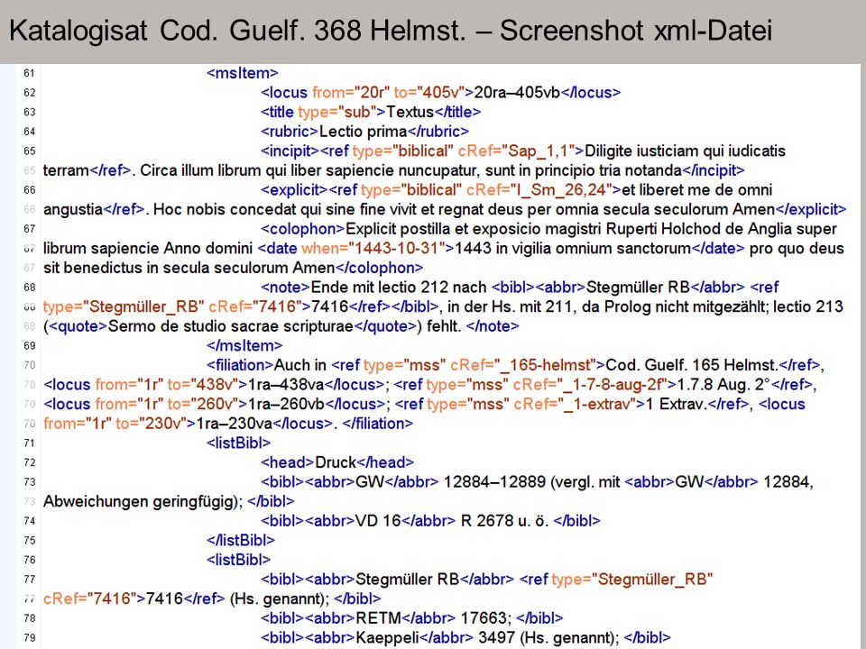 Katalogisat Cod. Guelf. 368 Helmst. – Screenshot xml-Datei