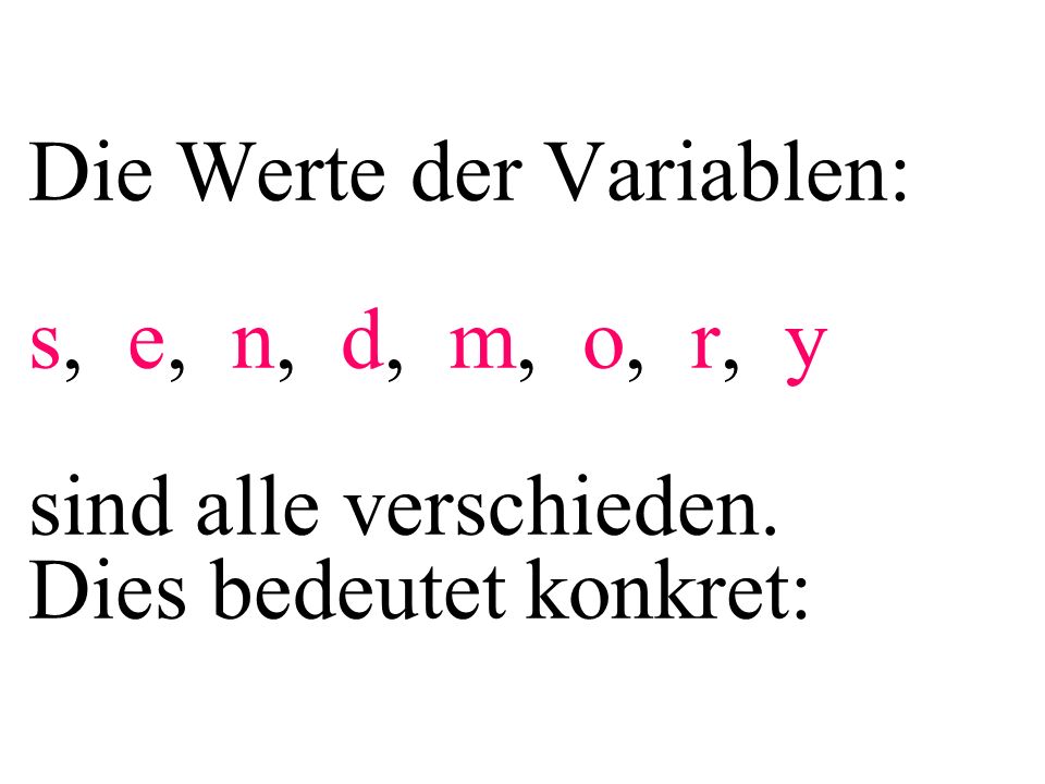 Die Werte der Variablen: s, e, n, d, m, o, r, y sind alle verschieden