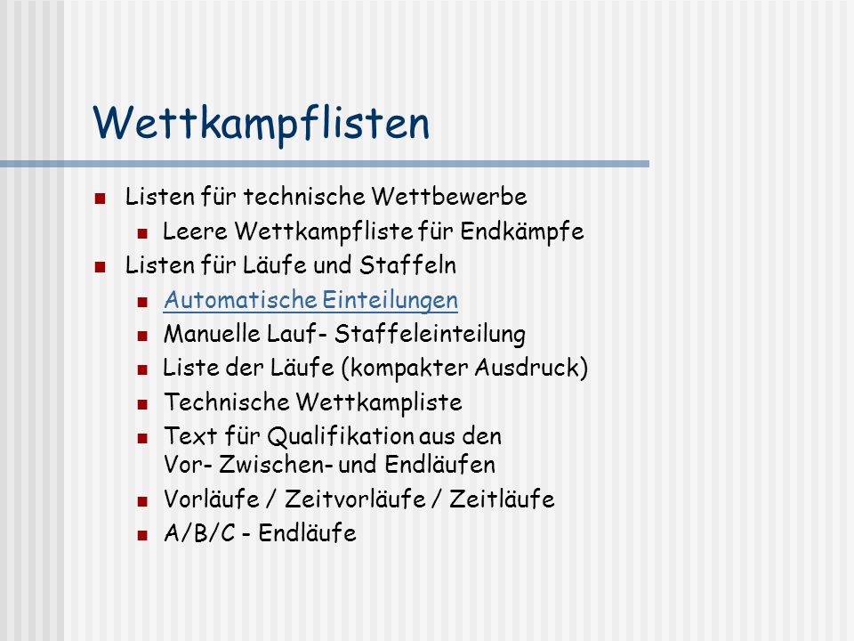 Wettkampflisten Listen für technische Wettbewerbe