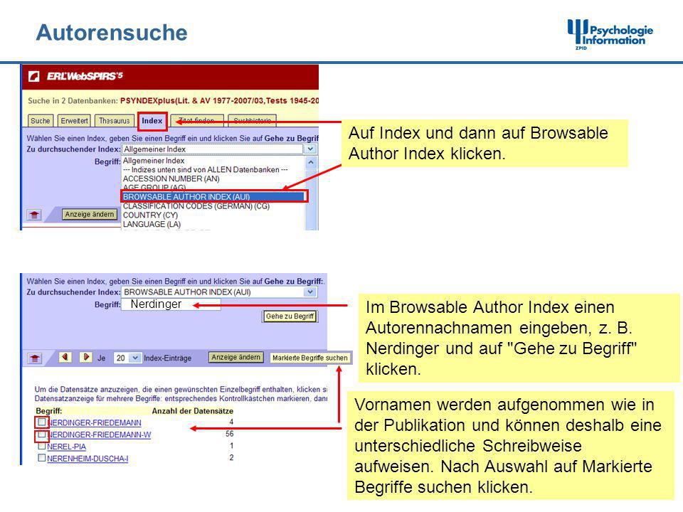 Autorensuche Auf Index und dann auf Browsable Author Index klicken.