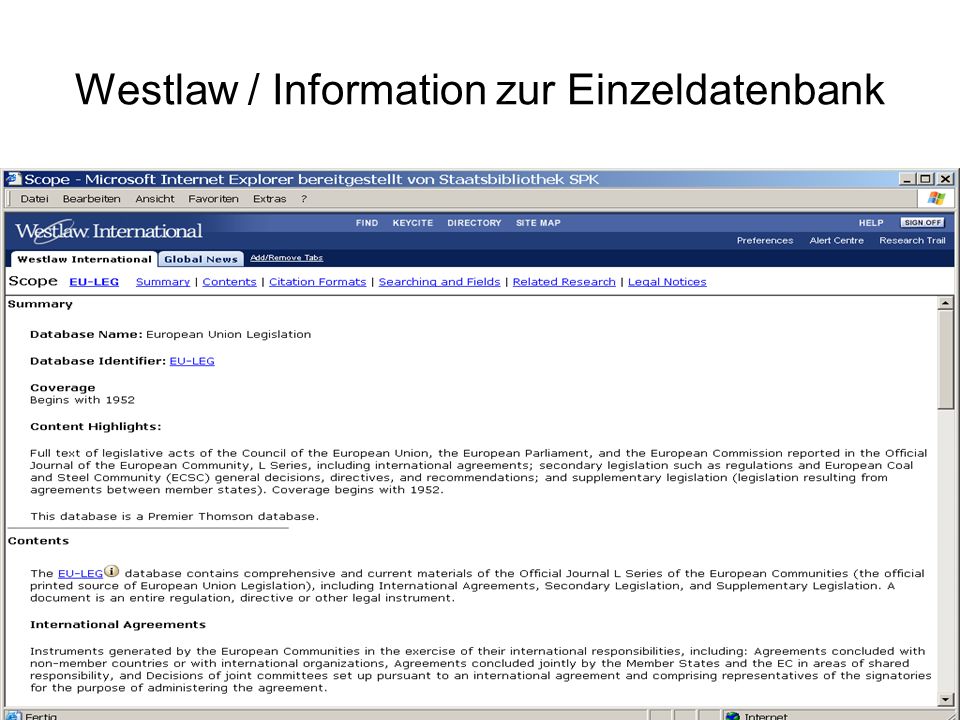 Westlaw / Information zur Einzeldatenbank