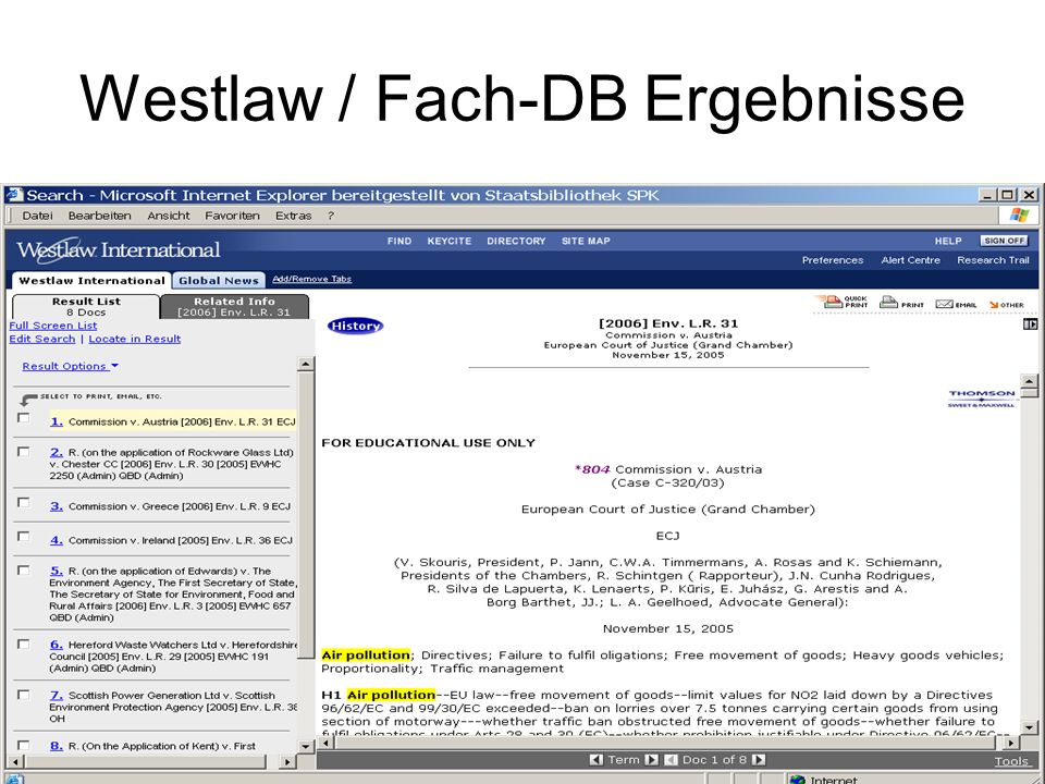 Westlaw / Fach-DB Ergebnisse