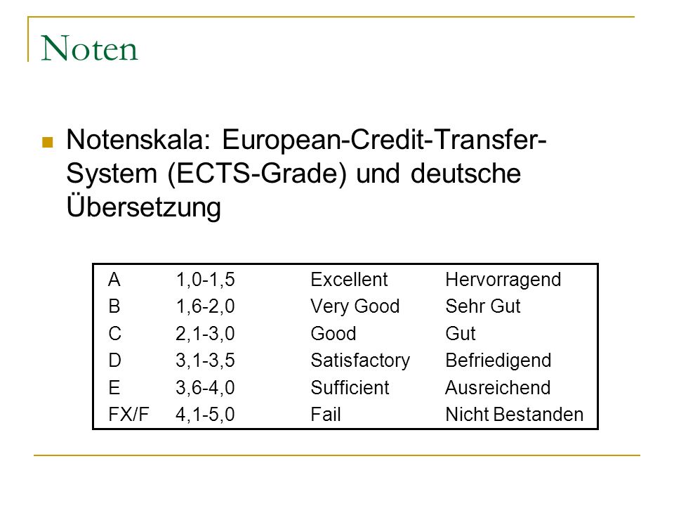 Noten Notenskala: European-Credit-Transfer-System (ECTS-Grade) und deutsche Übersetzung. A 1,0-1,5 Excellent Hervorragend.
