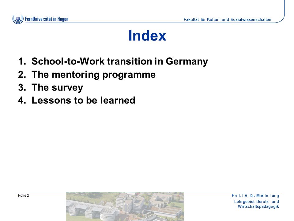 Index School-to-Work transition in Germany The mentoring programme