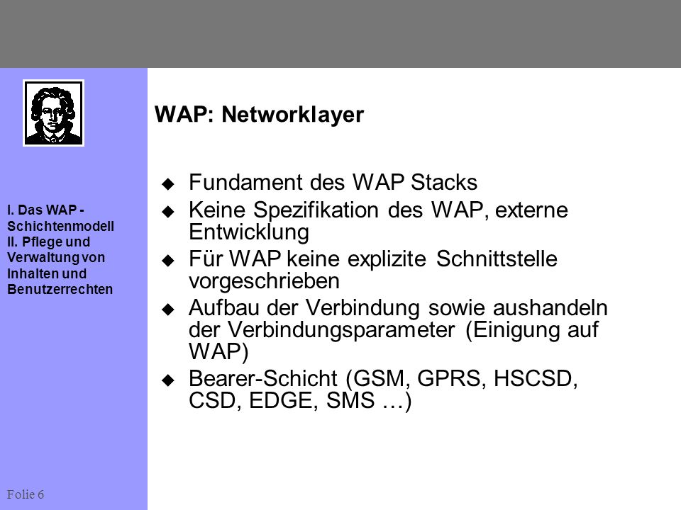WAP: Networklayer Fundament des WAP Stacks. Keine Spezifikation des WAP, externe Entwicklung. Für WAP keine explizite Schnittstelle vorgeschrieben.