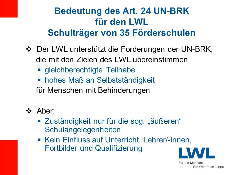 Bedeutung des Art. 24 UN-BRK für den LWL Schulträger von 35 Förderschulen