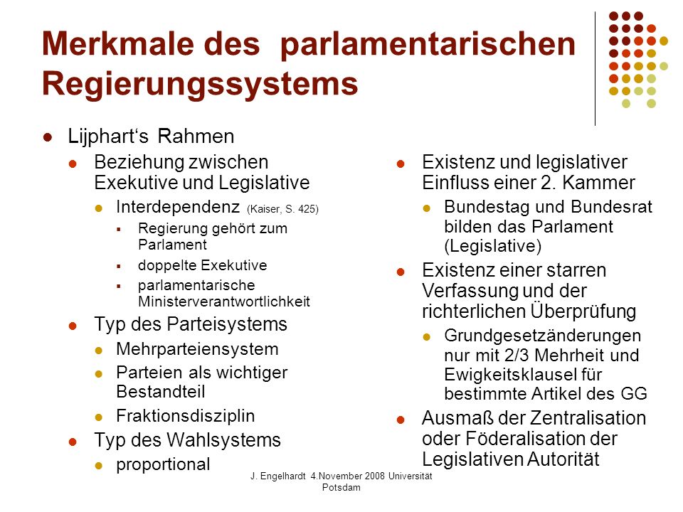 Merkmale des parlamentarischen Regierungssystems