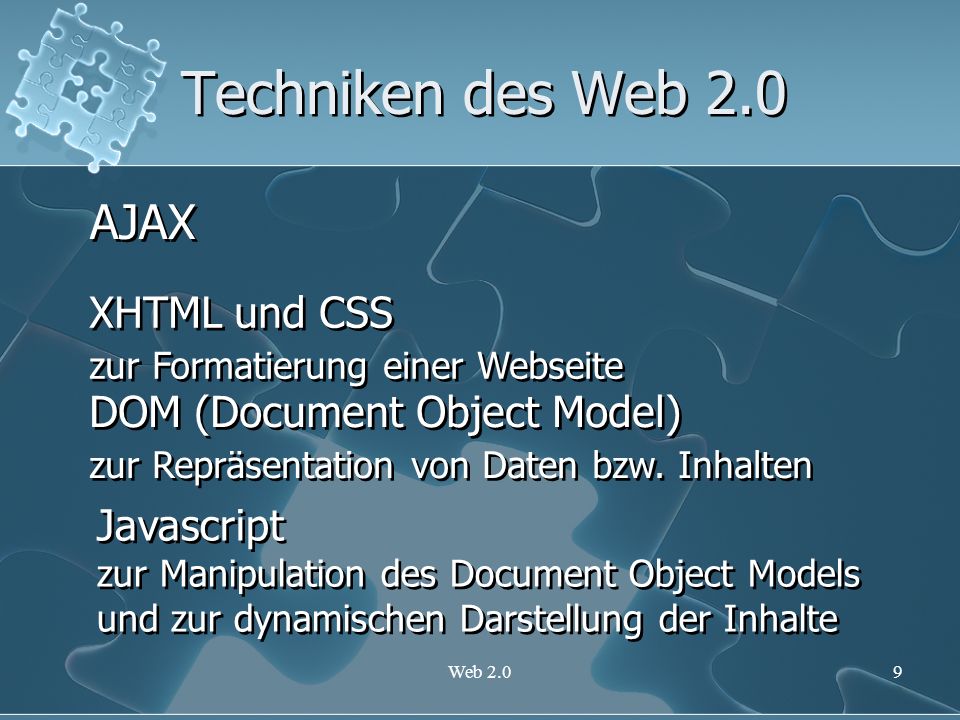 Techniken des Web 2.0 AJAX XHTML und CSS DOM (Document Object Model)