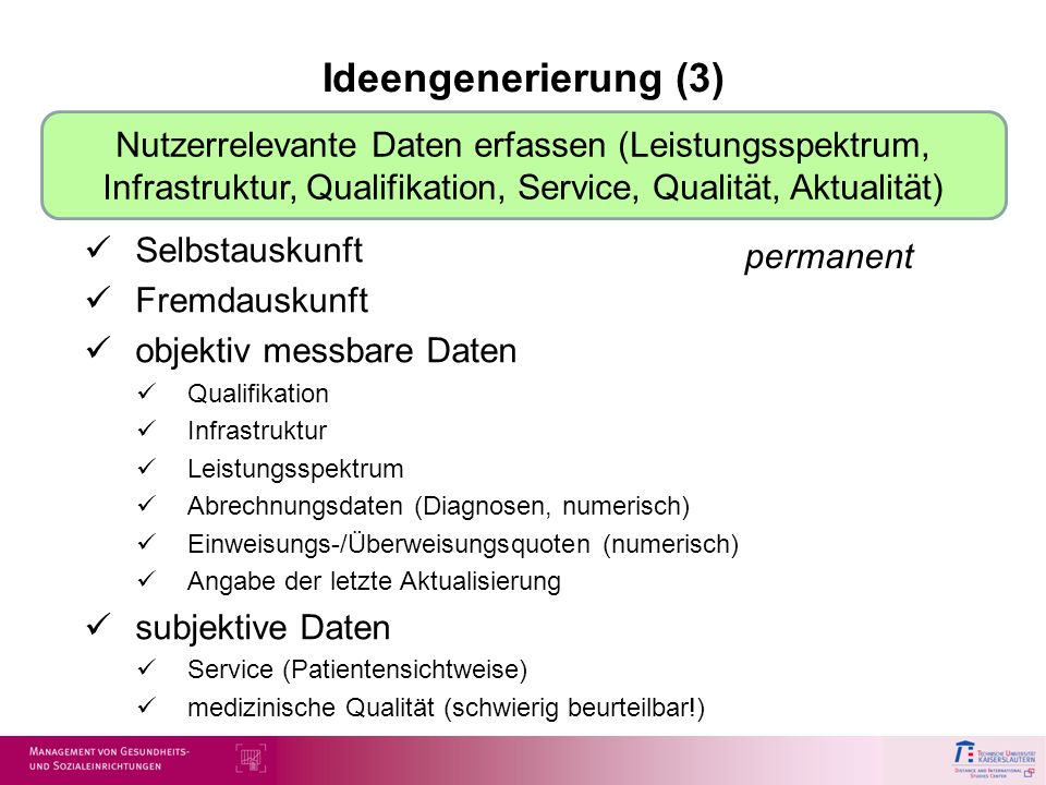Ideengenerierung (3) Nutzerrelevante Daten erfassen (Leistungsspektrum, Infrastruktur, Qualifikation, Service, Qualität, Aktualität)