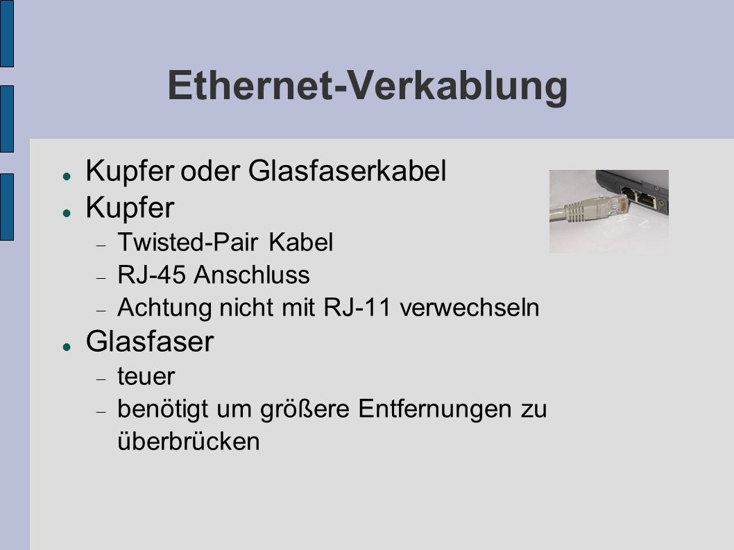 Ethernet-Verkablung Kupfer oder Glasfaserkabel Kupfer Glasfaser