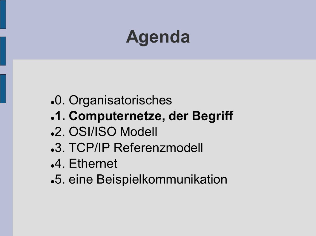 Agenda 0. Organisatorisches 1. Computernetze, der Begriff