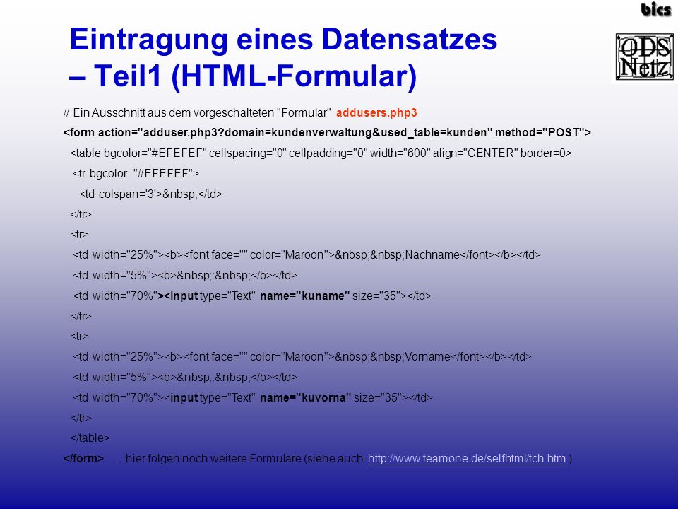 Eintragung eines Datensatzes – Teil1 (HTML-Formular)