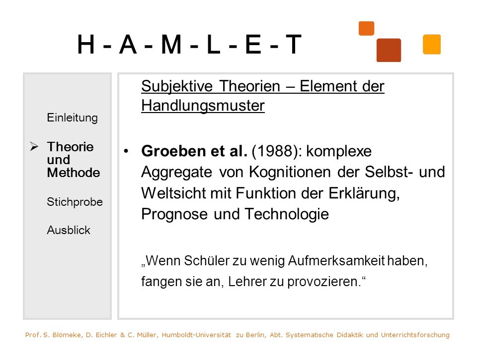 H - A - M - L - E - T Einleitung. Theorie und Methode. Stichprobe. Ausblick. Subjektive Theorien – Element der Handlungsmuster.